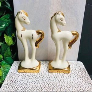 Art Deco Pottery Horse Figurines w/ Gold Trim Statue Pair Vintage Decor